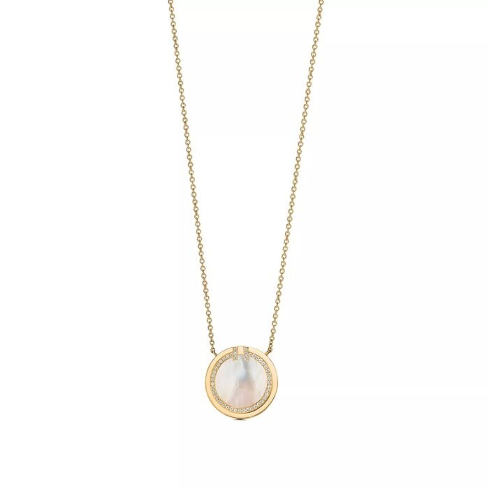 ELSIE LOVE Mother-of-Pearl Circle Pendant Necklace 18K Gold Plated with Zirconia, Adjustable Chain - Image 1
