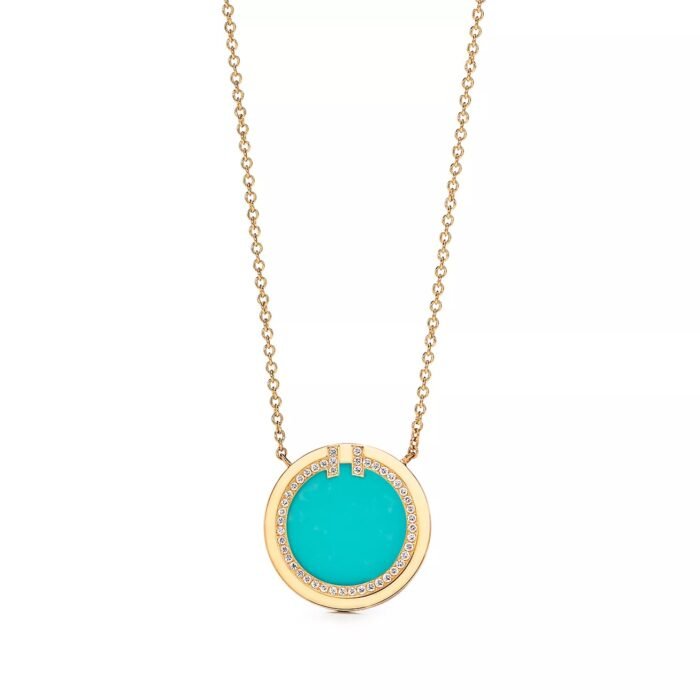 ELSIE LOVE Turquoise Circle Pendant Necklace for Women, 18K Gold Plated, Zirconia Inlay, PVD 5x Layered, Adjustable Chain - Image 1
