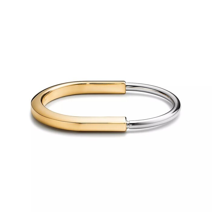 ELSIE LOVE Lock Bangle Bracelet for Women, 18K Gold Plated, Medium Size - Image 1