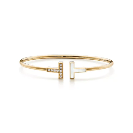T Bangle Bracelet | 18K Gold Plated, Mother of Pearl & CZ