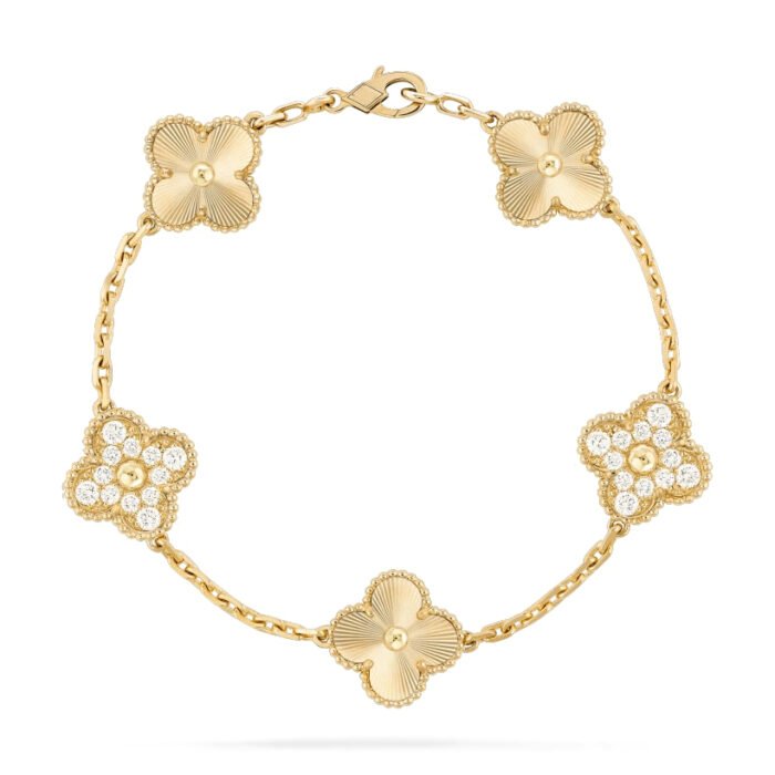 ELSIE LOVE Clover Bracelet | 925 Silver 18K Gold Plated | Full Diamond / Gold Diamond / Malachite | Women’s Lucky Bracelet 7.48" - Image 1