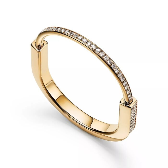 ELSIE LOVE Lock Bangle with Zirconia, 18K Gold Plated, PVD 5-Layered, Medium - Image 2