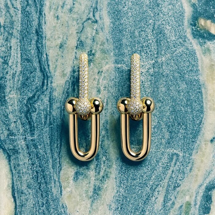 ELSIE LOVE Link Earrings with Zirconia | V Gold 18K Gold Plated | 1.5" Fashion Earrings - Image 2