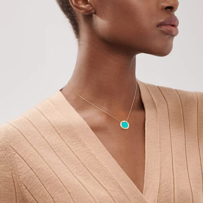 ELSIE LOVE Turquoise Circle Pendant Necklace for Women, 18K Gold Plated, Zirconia Inlay, PVD 5x Layered, Adjustable Chain - Image 4