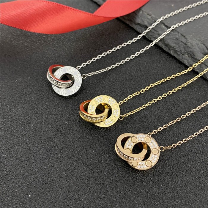 ELSIE LOVE Interlocking Circle Necklace Women 18K Gold Plated V Gold PVD 5x Layered Zirconia 17-Inch Chain - Image 8