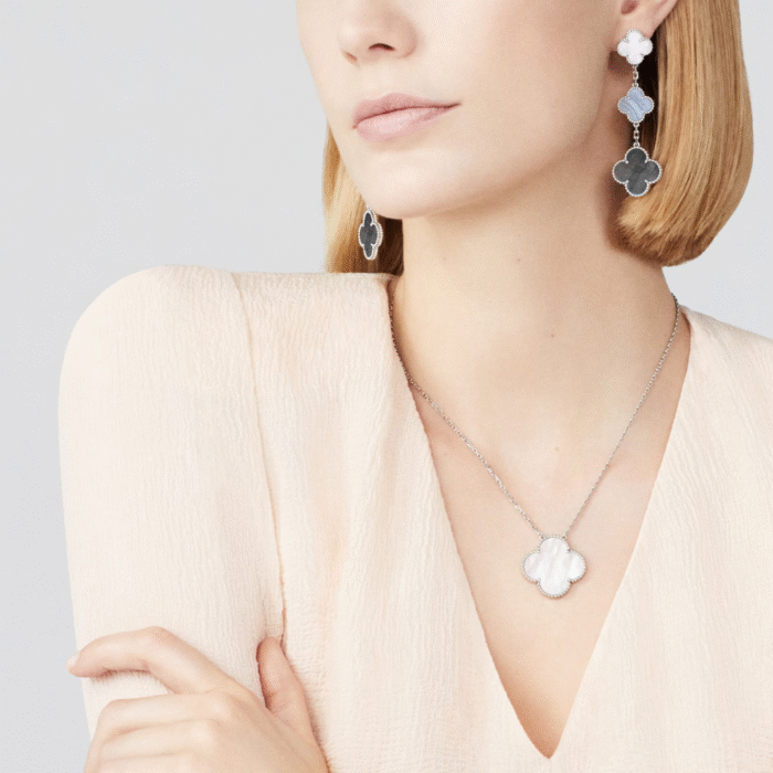 ELSIE LOVE Clover Earrings 925 Silver 18K Gold Plated Chalcedony & Mother of Pearl - Image 2