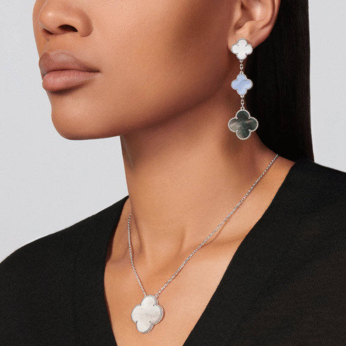 ELSIE LOVE Clover Earrings 925 Silver 18K Gold Plated Chalcedony & Mother of Pearl - Image 3
